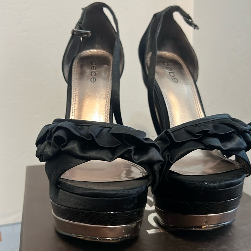 bebe platform heel black satin ruffle silver metallic heel